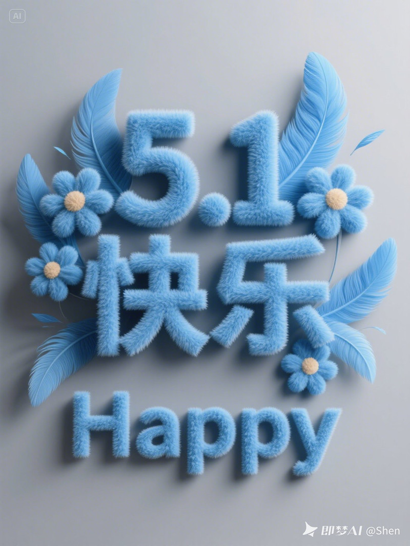 字体设计，中心对称构图，3d，毛绒绒的花朵组成“5_1 快乐”蓝色文字，膨胀立体艺术，字体海报设计，jellycat风格，淡灰色配色，下面写一行浮雕蓝色字“happy”,背景灰蓝，大师构图，兰色羽毛环____副本.jpg